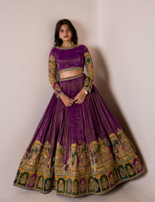 Royal Purple Tissue Lehenga Set with Heritage Border Detailing