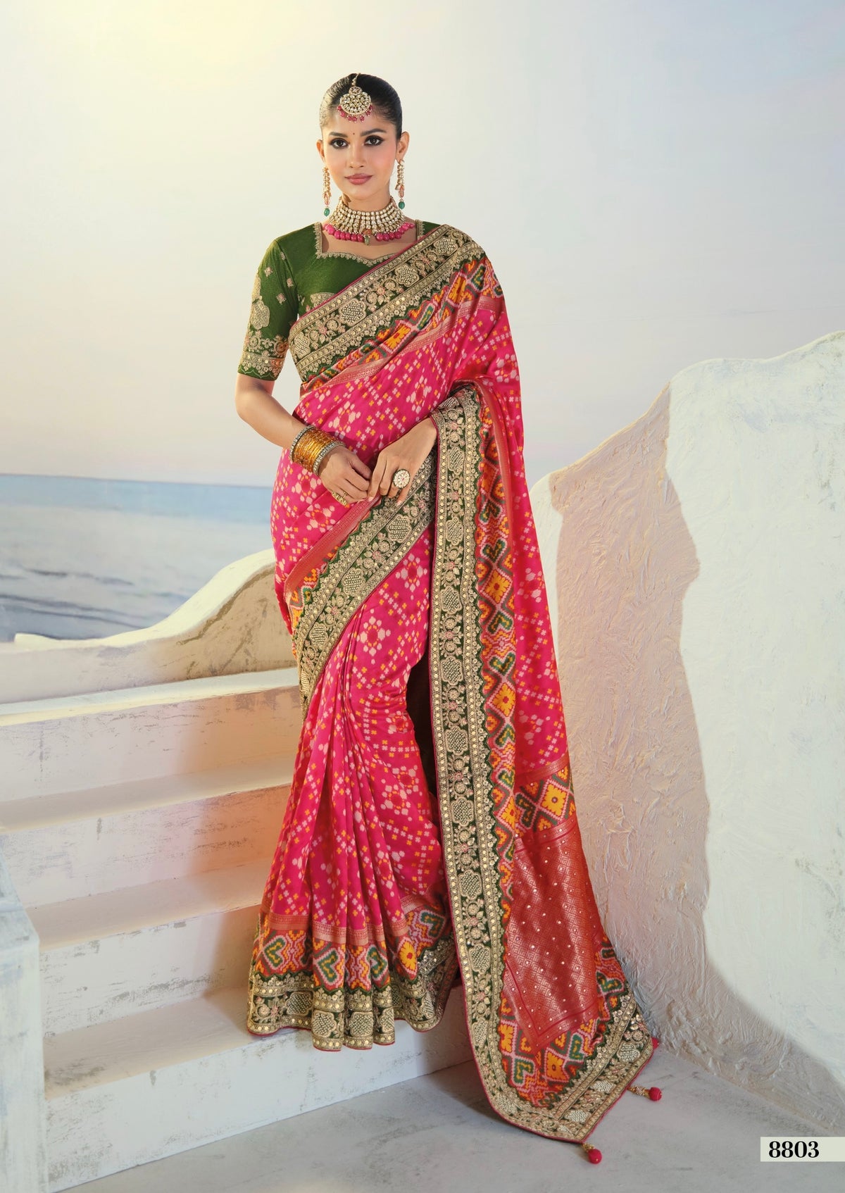 Royal Magenta Pink Bandhani Saree with Emerald Border