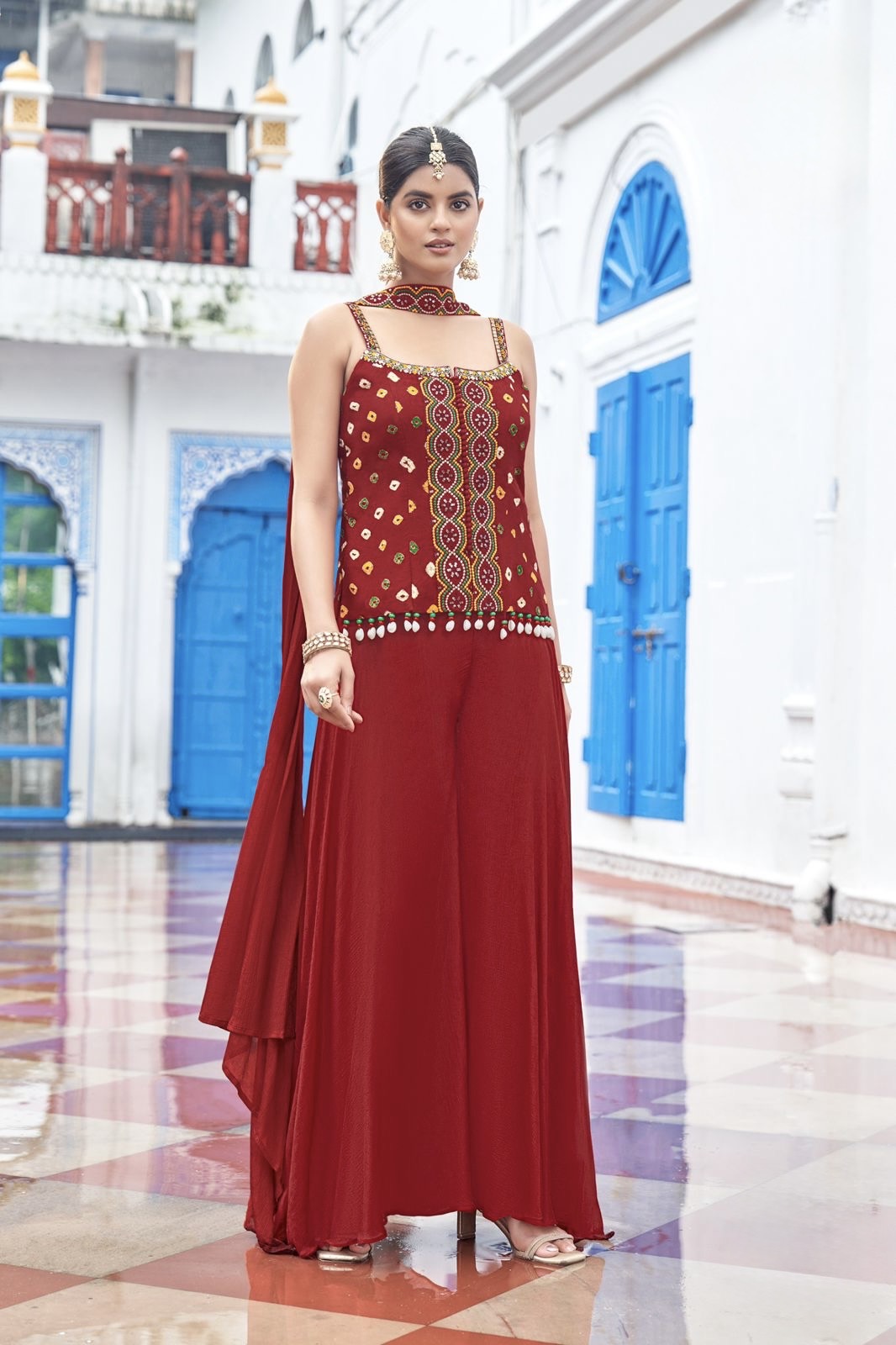 Maroon Festive Sharara Palazzo Set Bandhani