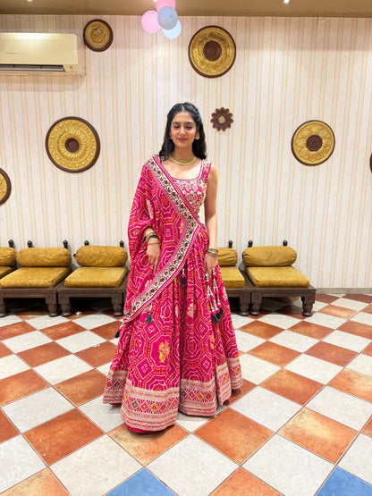 Pink Bandhani Print Lehenga Choli with Embroidered Blouse & Tassel Dupatta