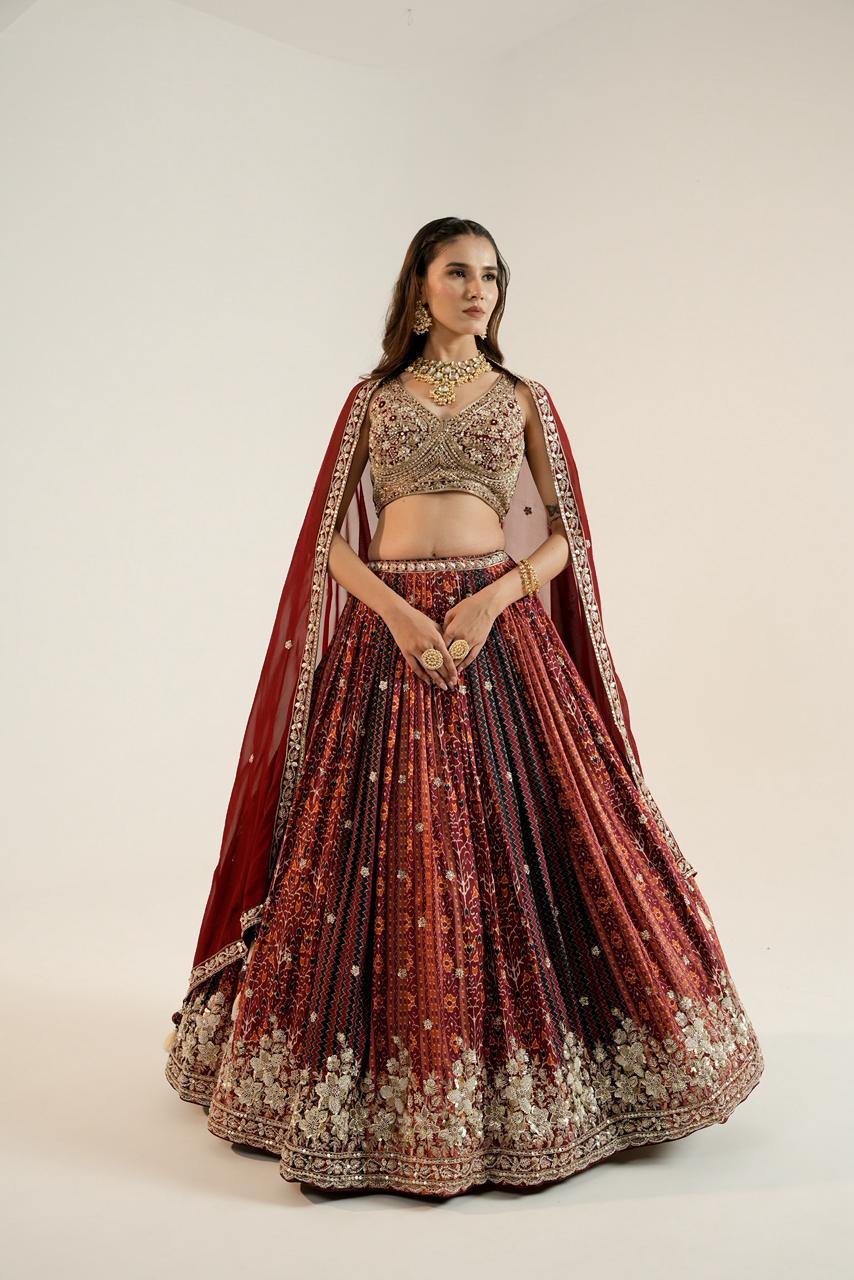 Pure Ajrakh Lehenga paired with a beautifully hand-worked blouse.
Luxury finishing
