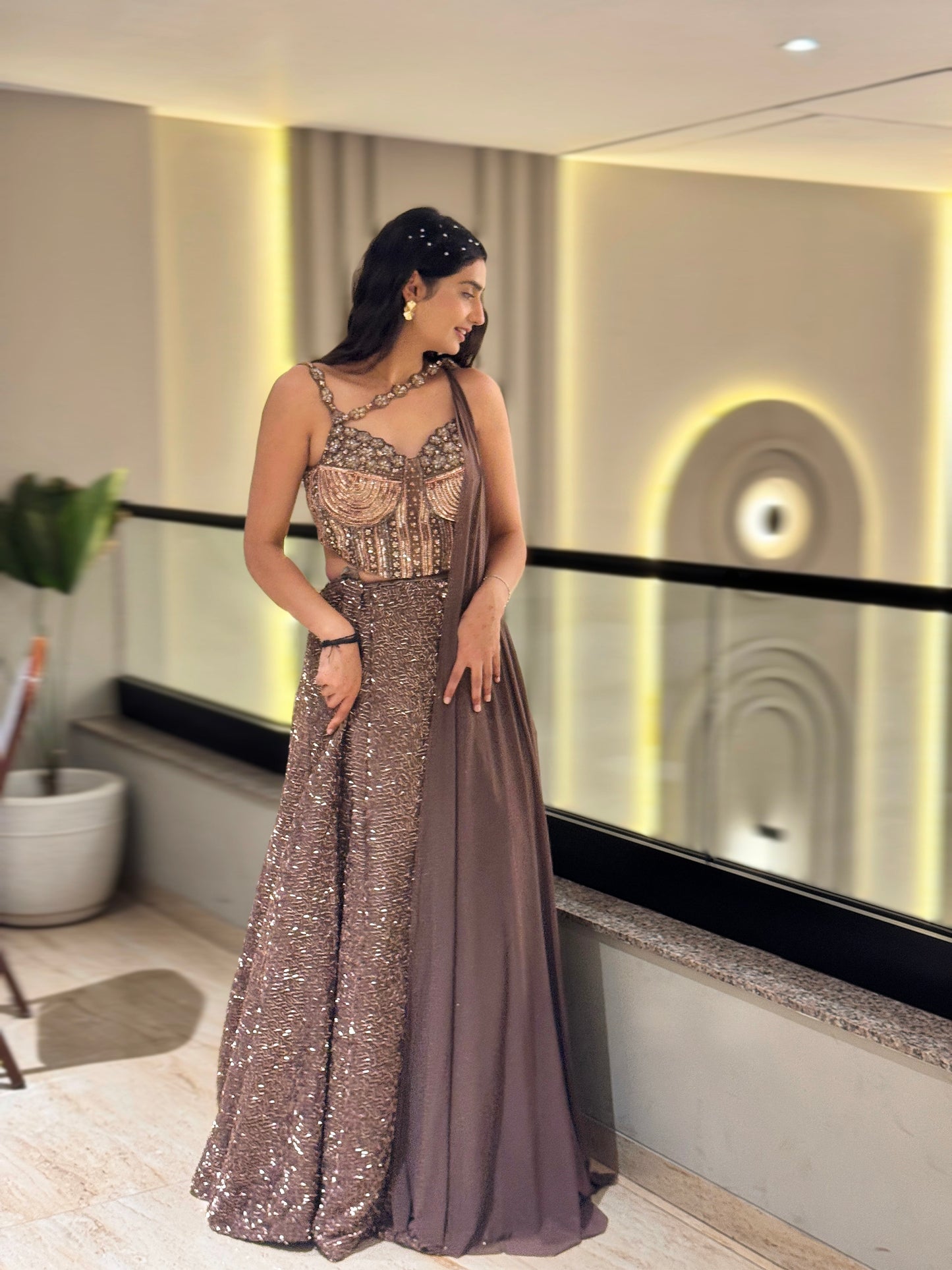 Mocha Glam Sequins Lehenga Set with Statement Blouse & Drape Dupatta