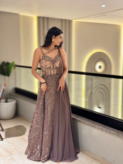 Mocha Glam Sequins Lehenga Set with Statement Blouse & Drape Dupatta