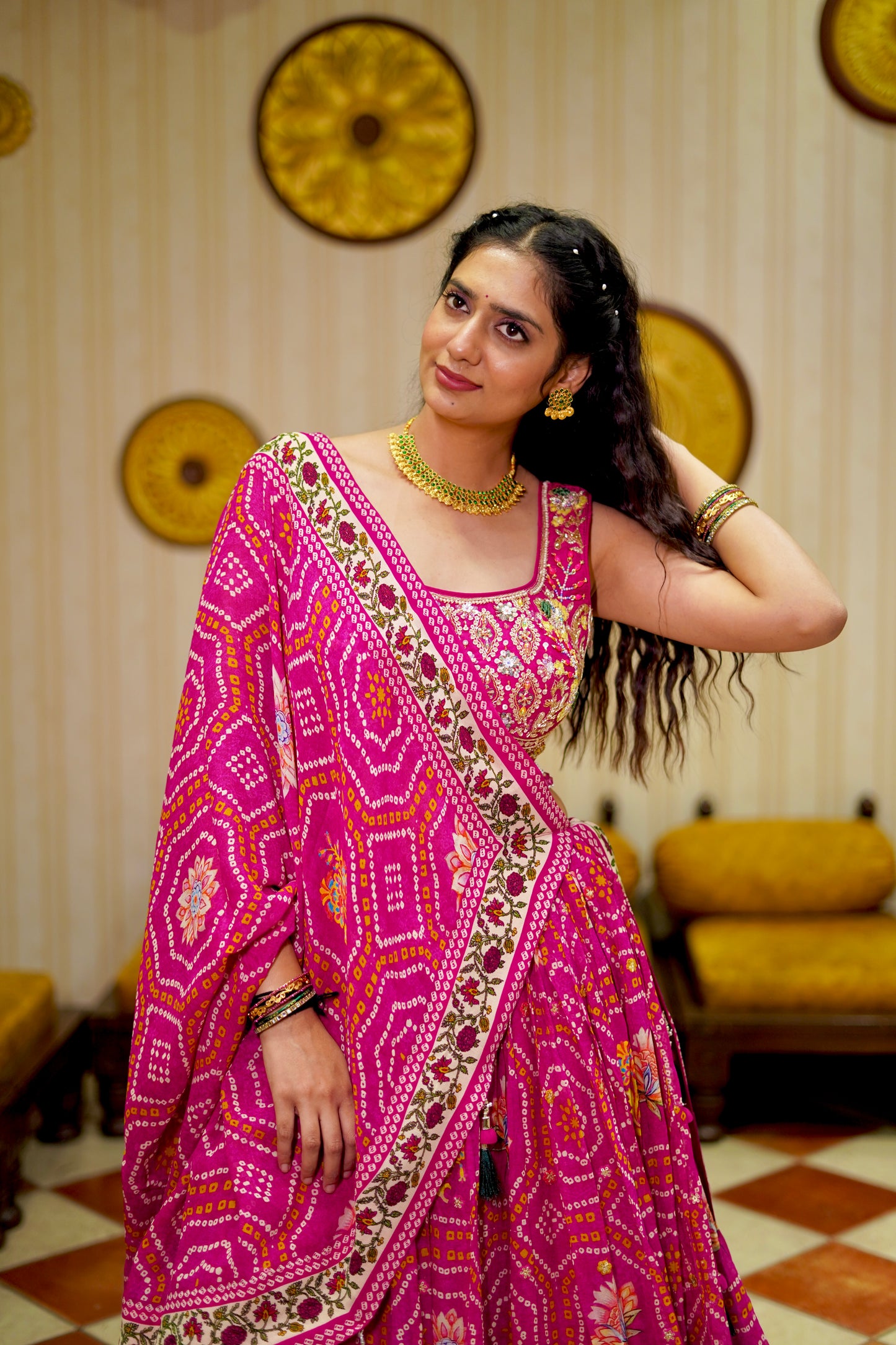 Pink Bandhani Print Lehenga Choli with Embroidered Blouse & Tassel Dupatta