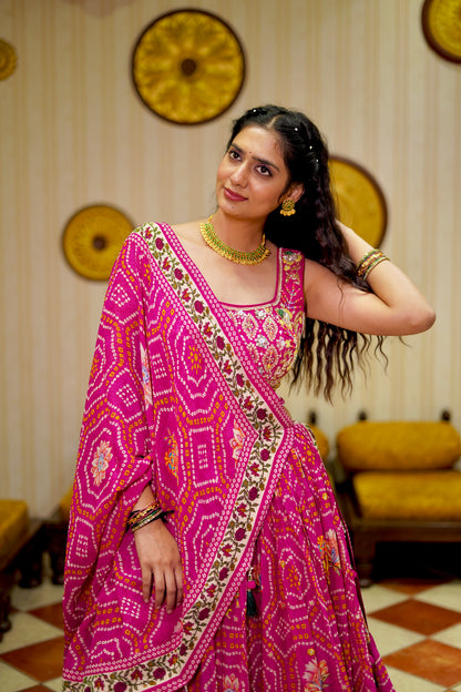 Pink Bandhani Print Lehenga Choli with Embroidered Blouse & Tassel Dupatta