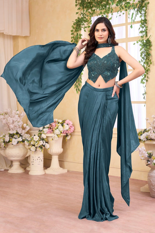 Emerald Teal Drape Saree Set