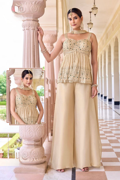 Elegant Beige Embroidered Palazzo Set for Festive Occasions