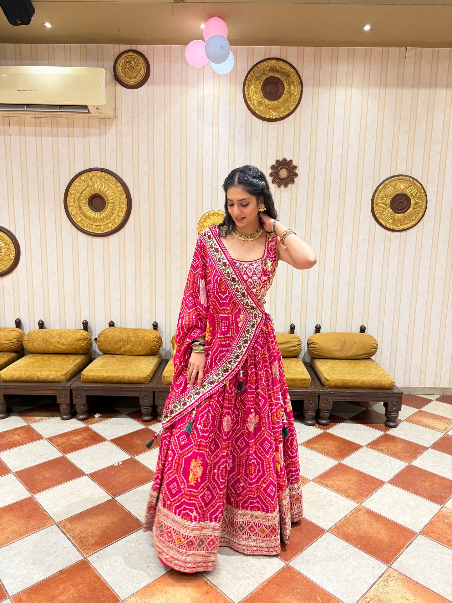 Pink Bandhani Print Lehenga Choli with Embroidered Blouse & Tassel Dupatta