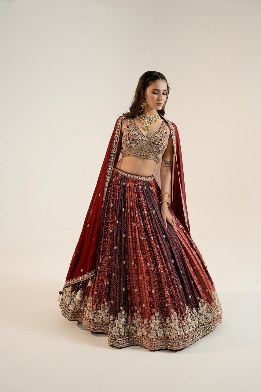 Pure Ajrakh Lehenga paired with a beautifully hand-worked blouse.
Luxury finishing