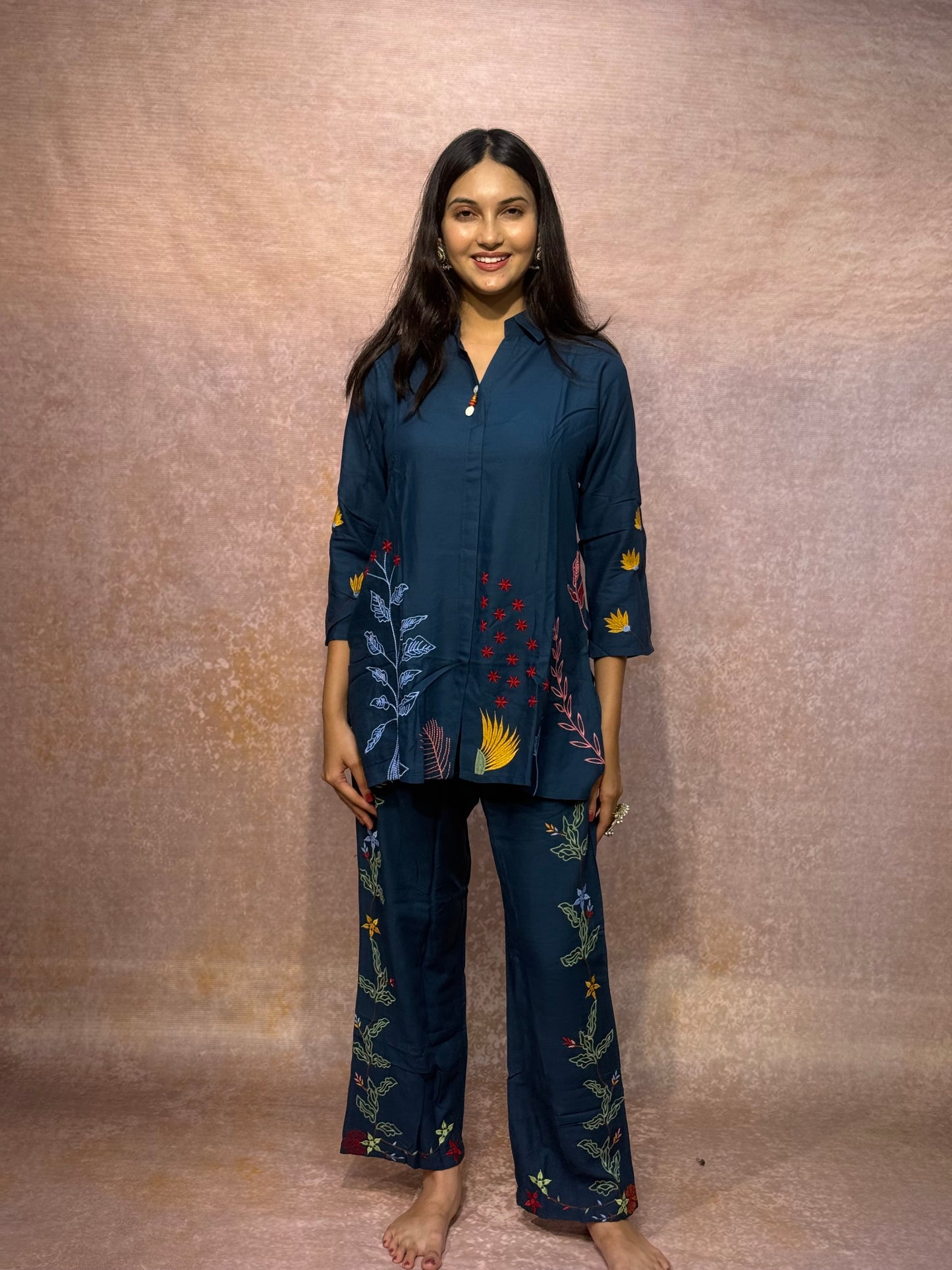Floral Embroidered Navy Blue Cord Set