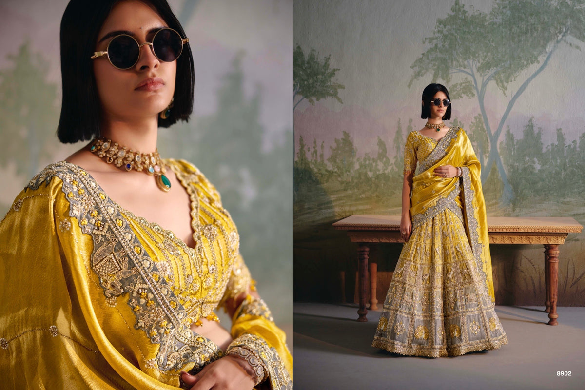 8902 – Mustard Yellow & Silver Embroidered Designer Lehenga Choli with Dupatta
