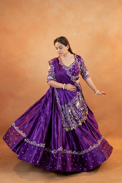 Royal Purple Gaji Silk Lehenga Set with Embroidered Blouse & Dupatta