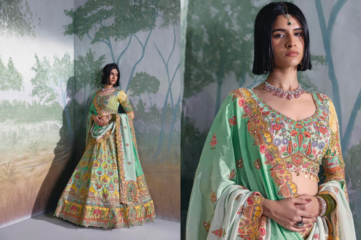 Pastel Pink & Mint Green Floral Embroidered Designer Lehenga Choli with Dupatta