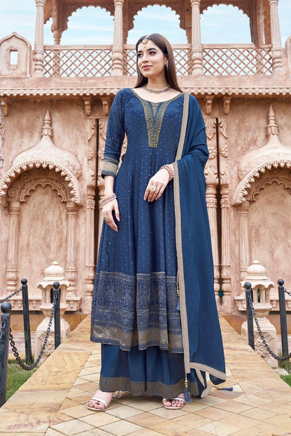 Regal Blue Palazzo Suit With Elegant Embroidery Detailing
