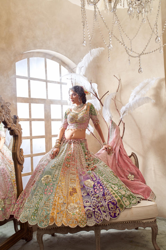 Regal Multicolor Embroidered Bridal Lehenga for Grand Weddings
