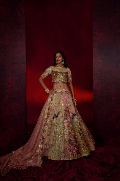Royal Blush Pink & Antique Gold Bridal Lehenga with Peacock Motifs