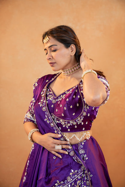 Royal Purple Gaji Silk Lehenga Set with Embroidered Blouse & Dupatta