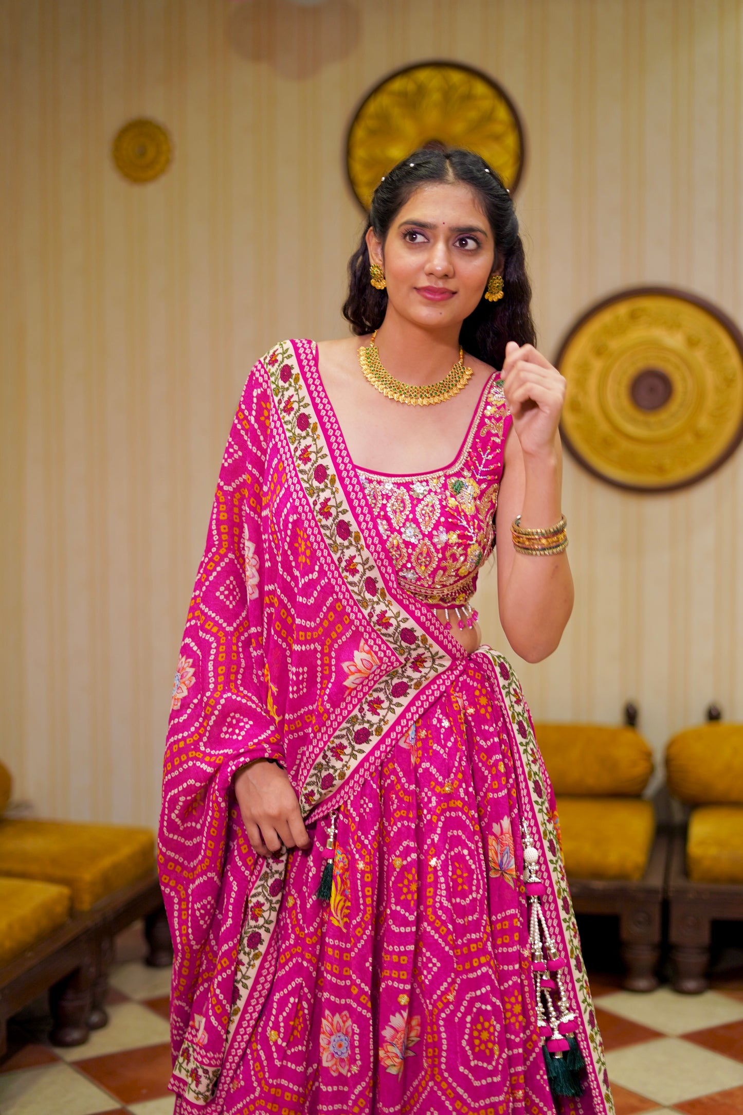 Pink Bandhani Print Lehenga Choli with Embroidered Blouse & Tassel Dupatta