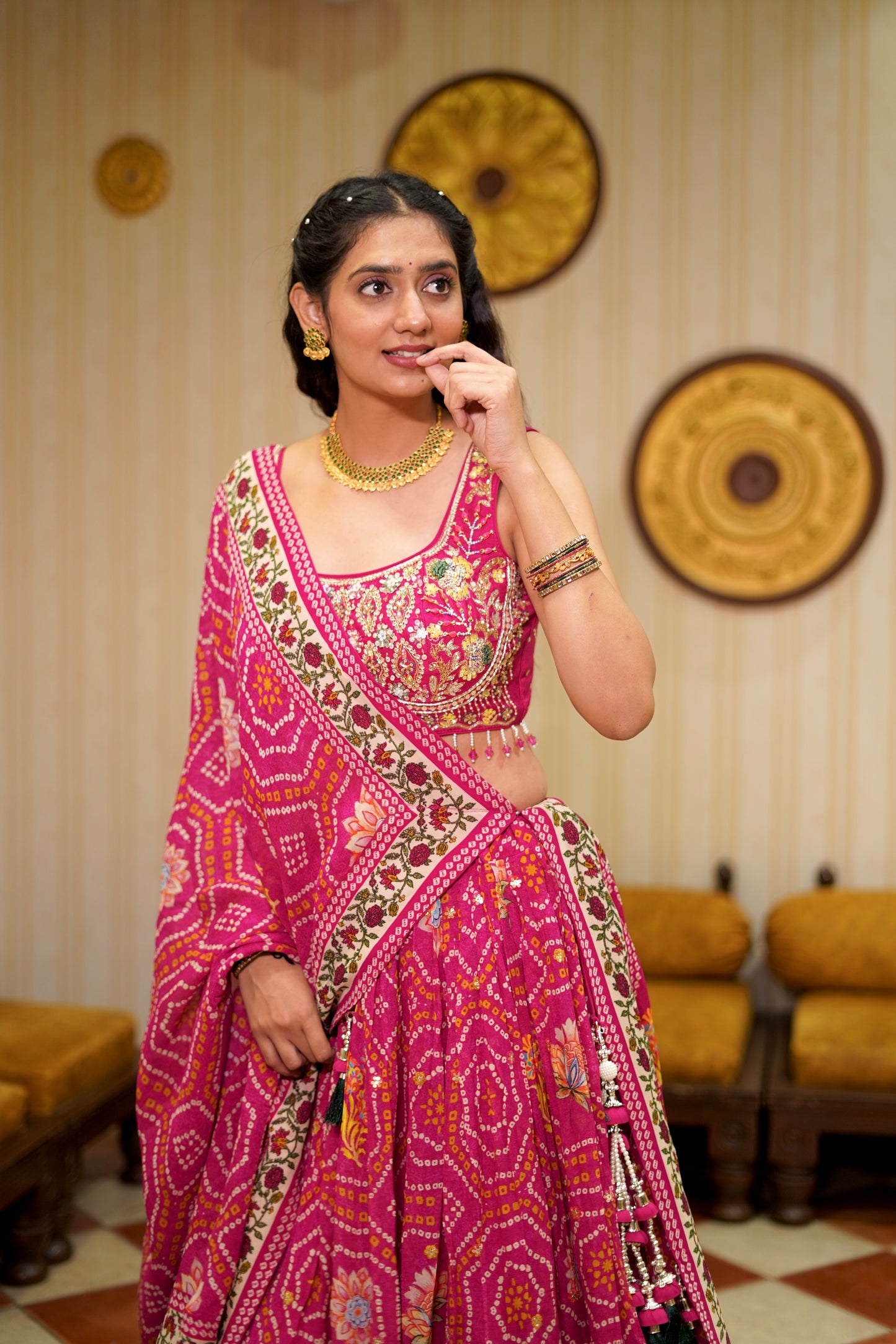 Pink Bandhani Print Lehenga Choli with Embroidered Blouse & Tassel Dupatta