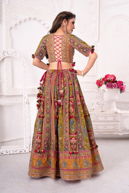 Traditional Multi-Color Gujarati Embroidered Lehenga Choli with Tassel Detailing – Festive Wear