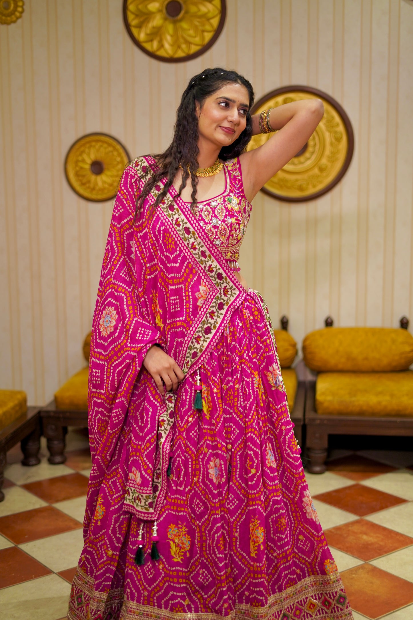 Pink Bandhani Print Lehenga Choli with Embroidered Blouse & Tassel Dupatta