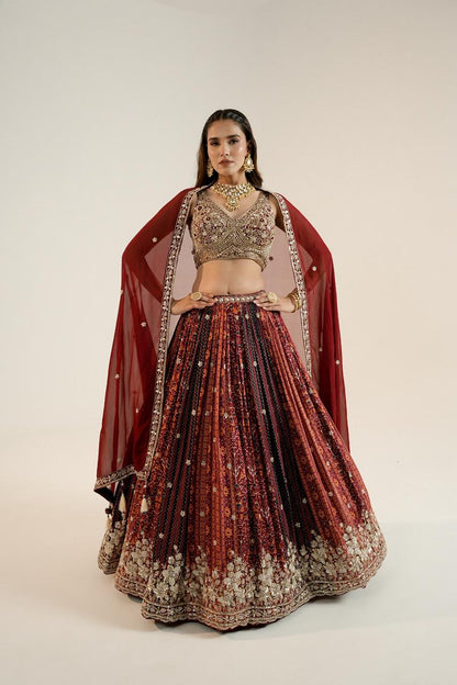 Pure Ajrakh Lehenga paired with a beautifully hand-worked blouse.
Luxury finishing