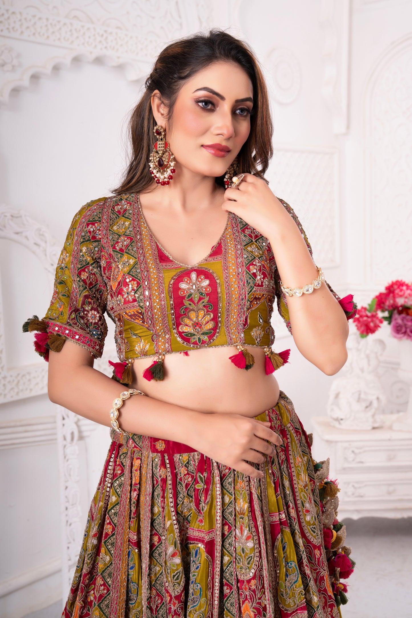 Traditional Multi-Color Gujarati Embroidered Lehenga Choli with Tassel Detailing – Festive Wear