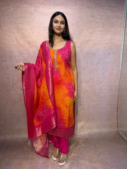 Vibrant Pink & Orange Bandhej Kurta Set with Dupatta