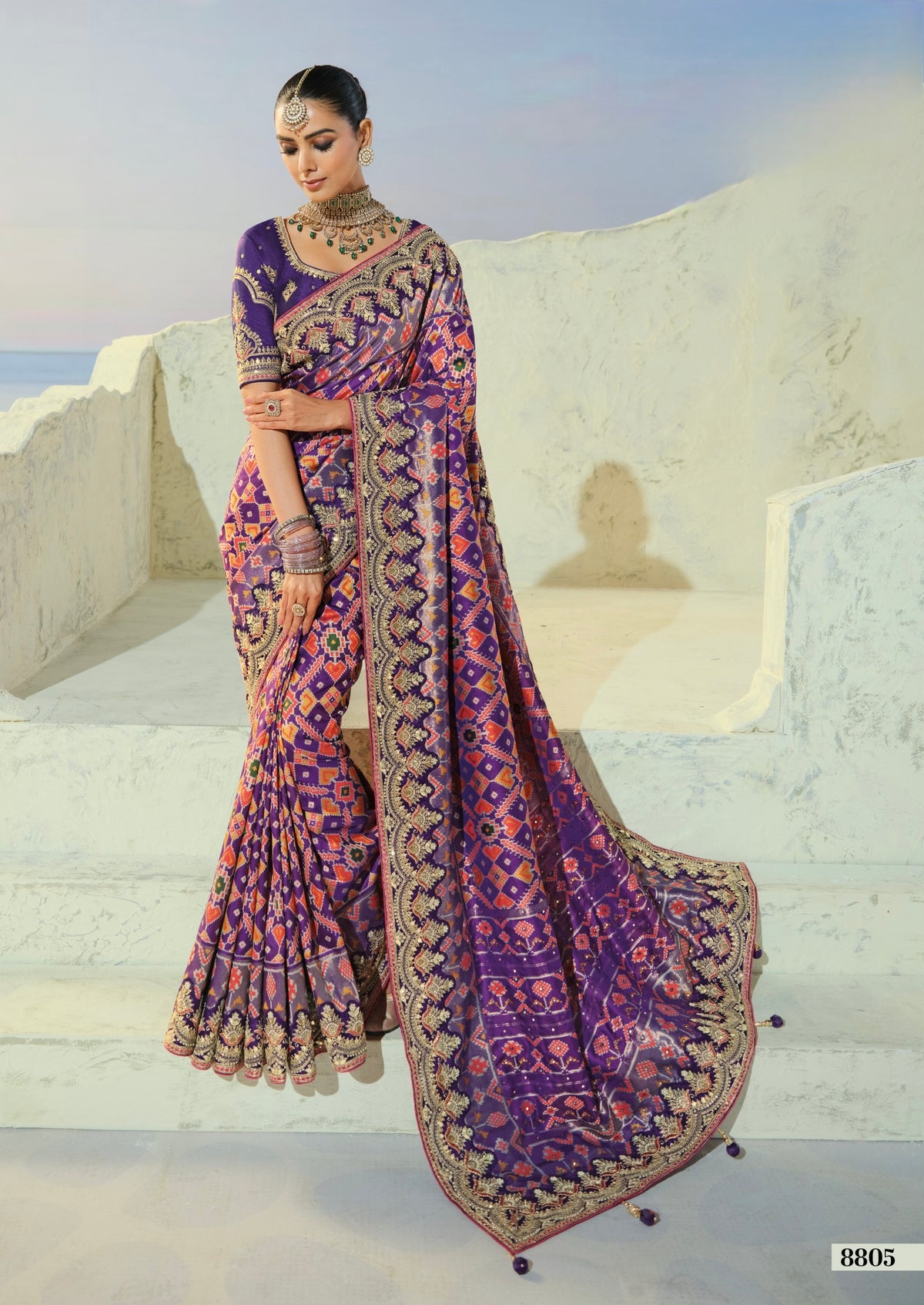 Imperial Violet Embroidered Silk Saree with Heavy Zari Work