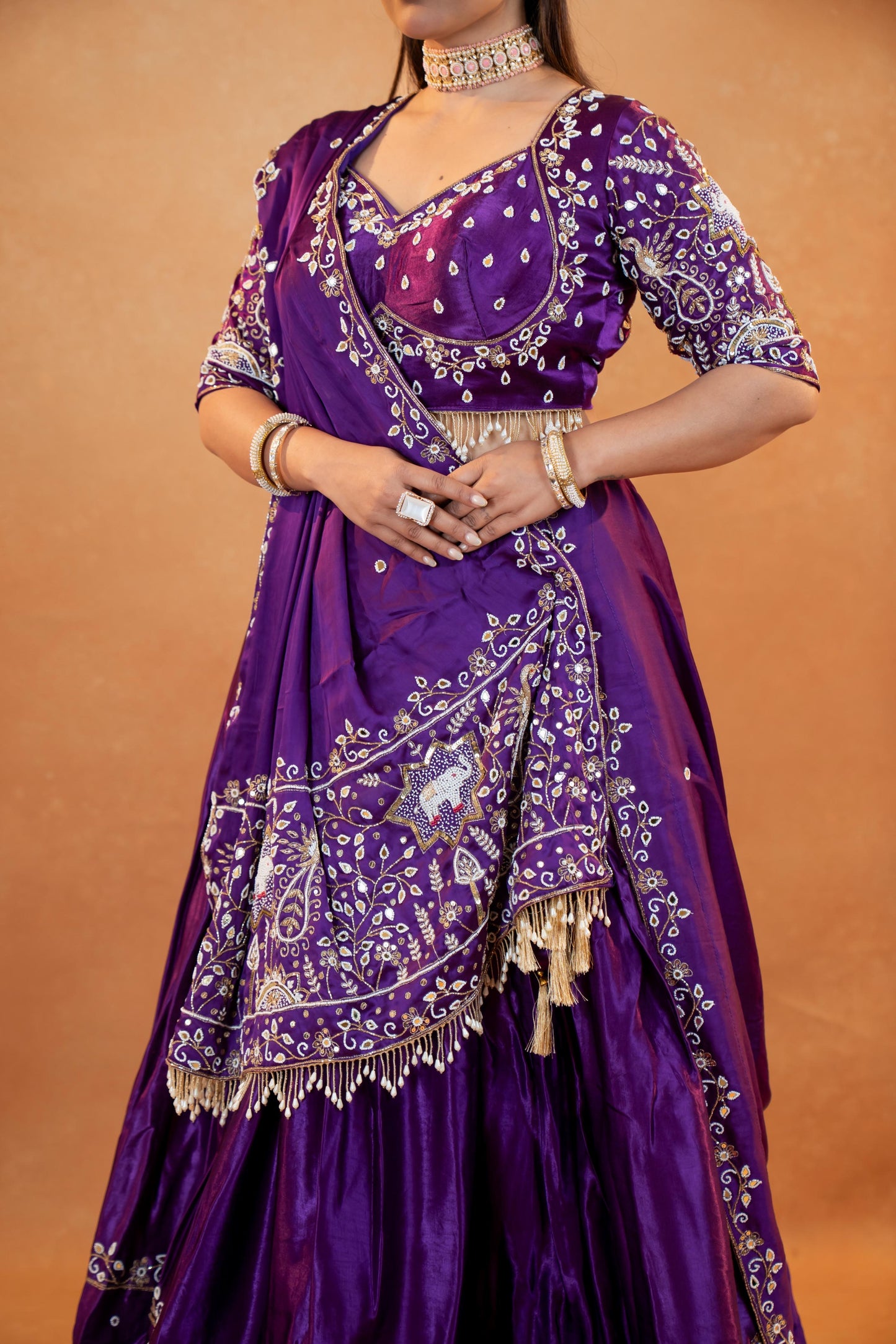 Royal Purple Gaji Silk Lehenga Set with Embroidered Blouse & Dupatta