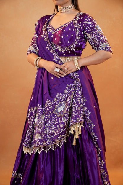 Royal Purple Gaji Silk Lehenga Set with Embroidered Blouse & Dupatta