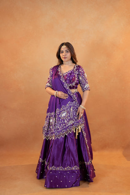 Royal Purple Gaji Silk Lehenga Set with Embroidered Blouse & Dupatta