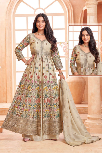 Elegant Beige Floral Embroidered Anarkali Plazo Set