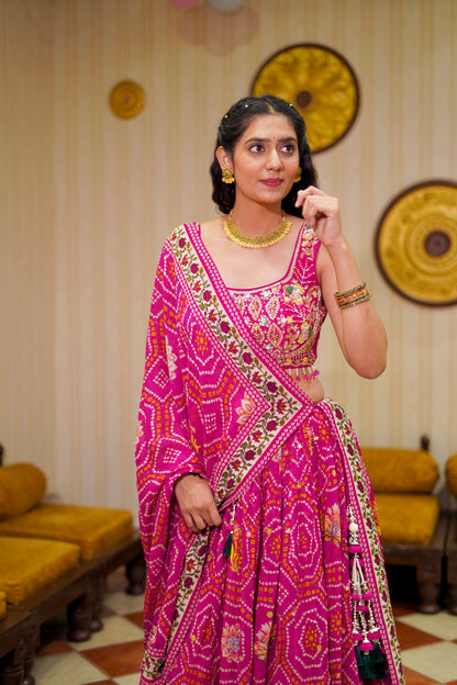 Pink Bandhani Print Lehenga Choli with Embroidered Blouse & Tassel Dupatta