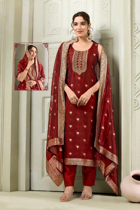 Maroon Banarasi Silk Kurta Pant Set with Zari Embroidered Dupatta