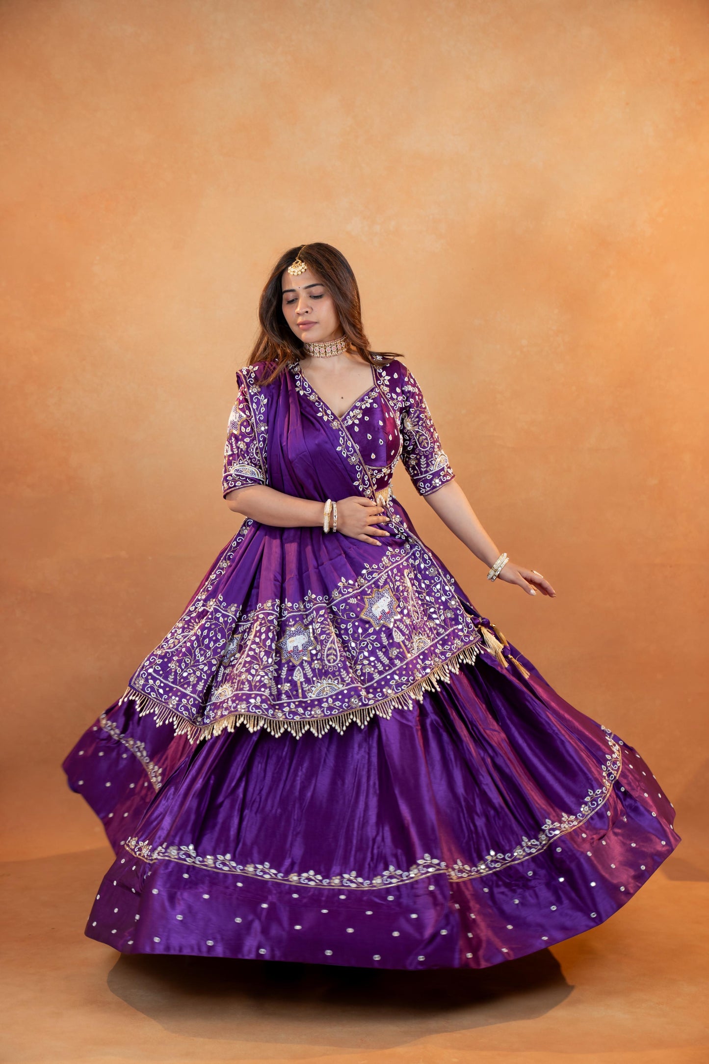 Royal Purple Gaji Silk Lehenga Set with Embroidered Blouse & Dupatta