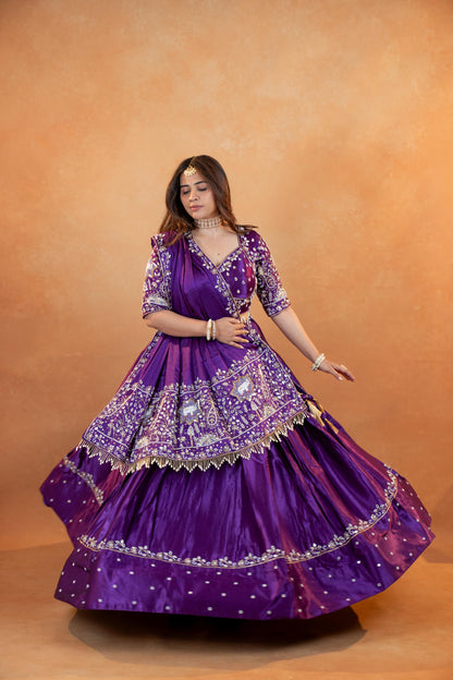 Royal Purple Gaji Silk Lehenga Set with Embroidered Blouse & Dupatta
