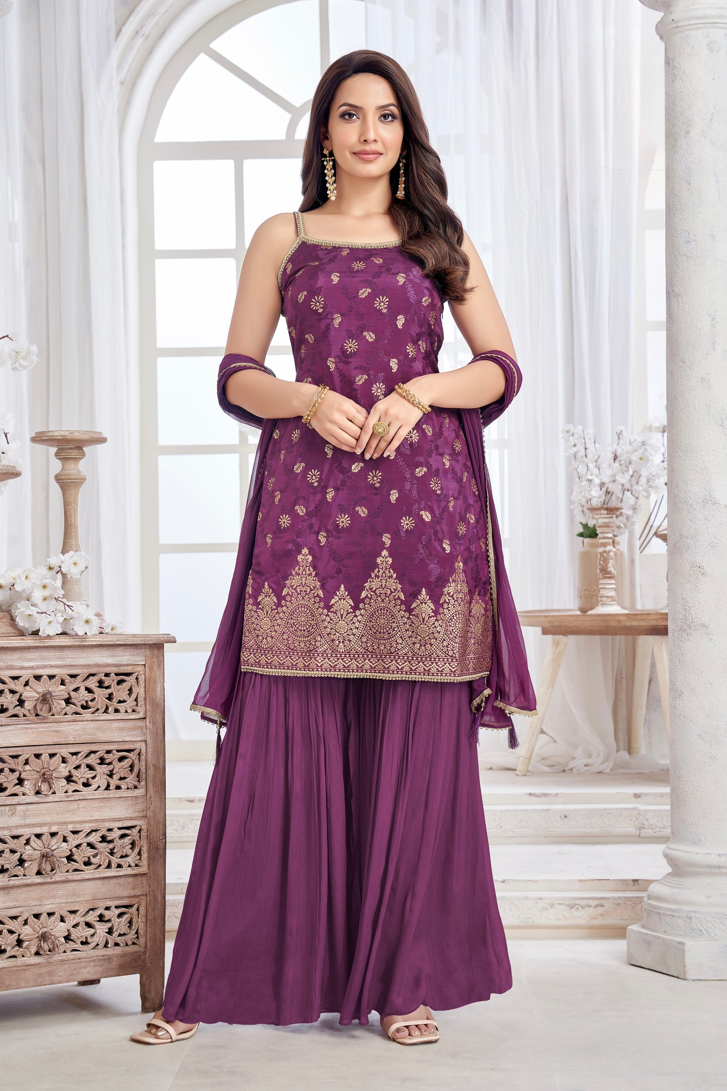 Elegant Plum Purple Sharara Suit with Gold Embroidery – Festive Indian Ethnic Wear Set