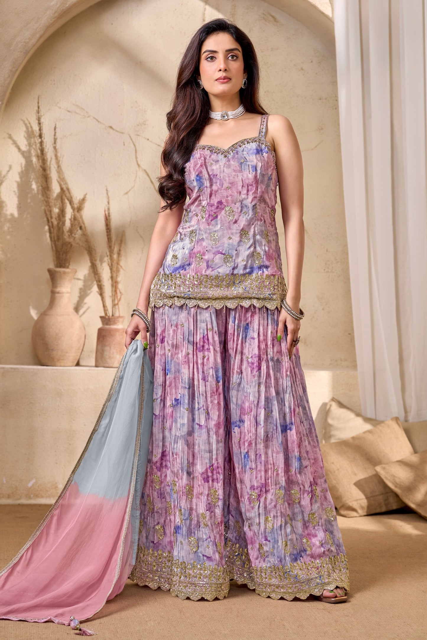 Pastel Tie-Dye Designer Palazzo Set with Dupatta