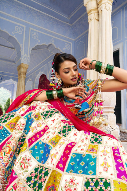 Royal Multicolour Patchwork Bridal Lehenga with Fuchsia Pink Dupatta