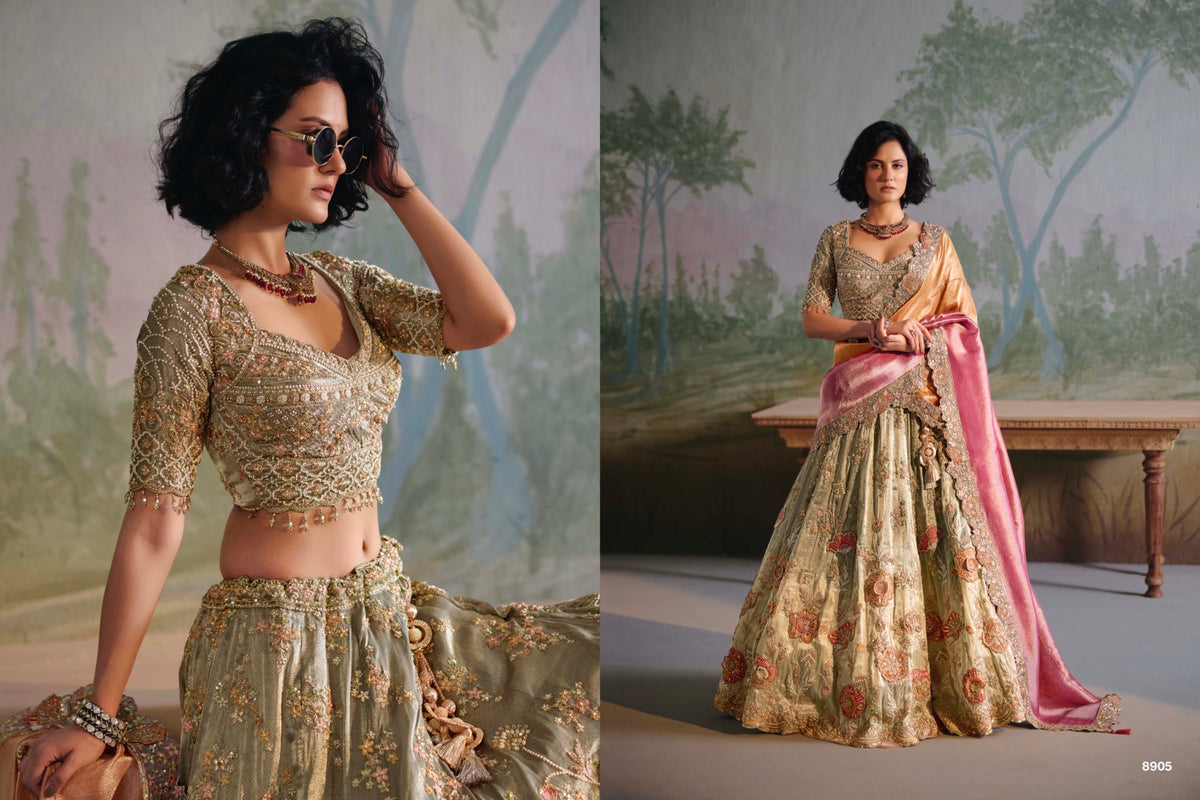 8905 – Sage Green & Pink Floral Embroidered Designer Lehenga Set with Dupatta