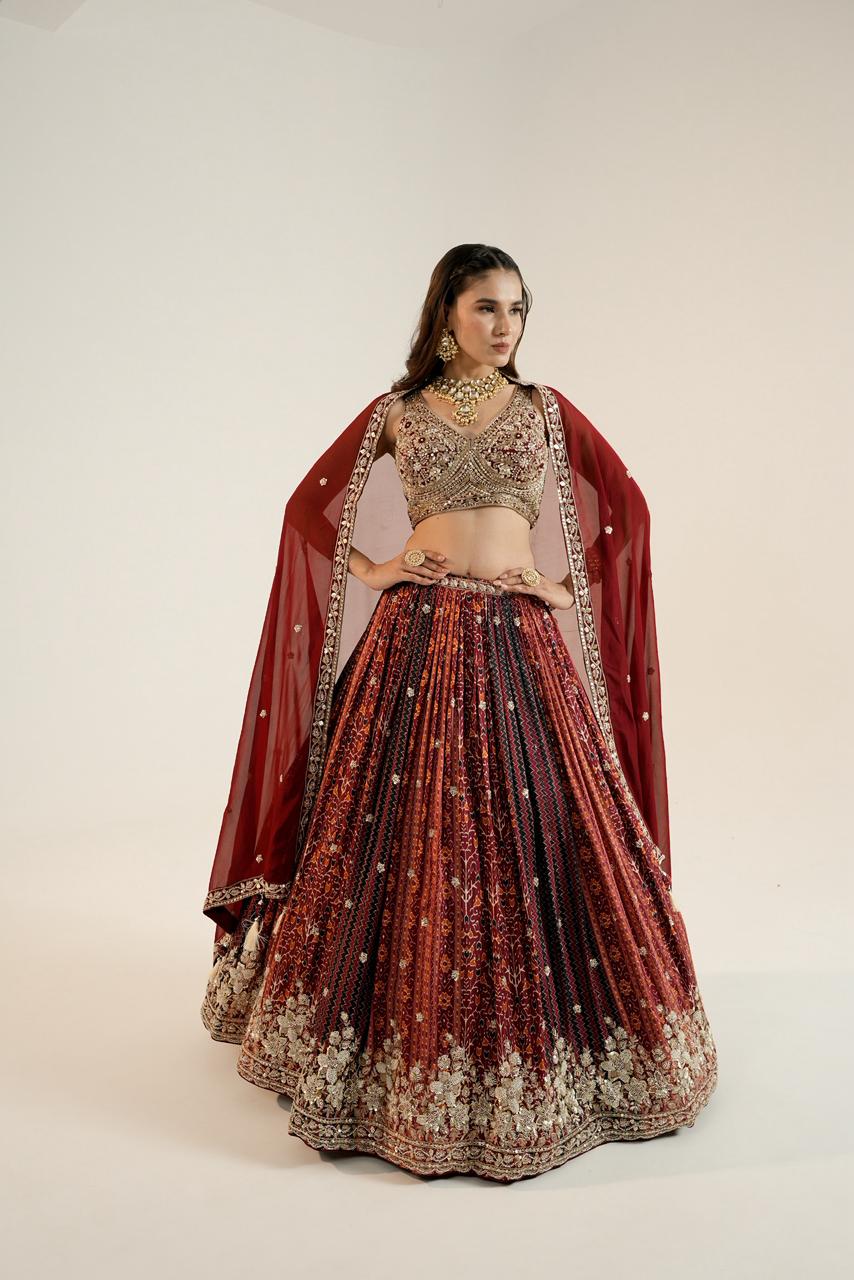 Pure Ajrakh Lehenga paired with a beautifully hand-worked blouse.
Luxury finishing