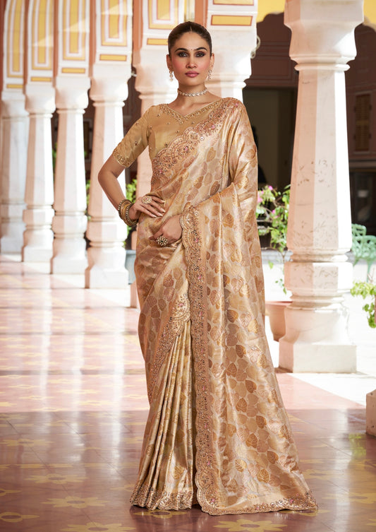 Champagne Gold Floral Embellished Silk Saree