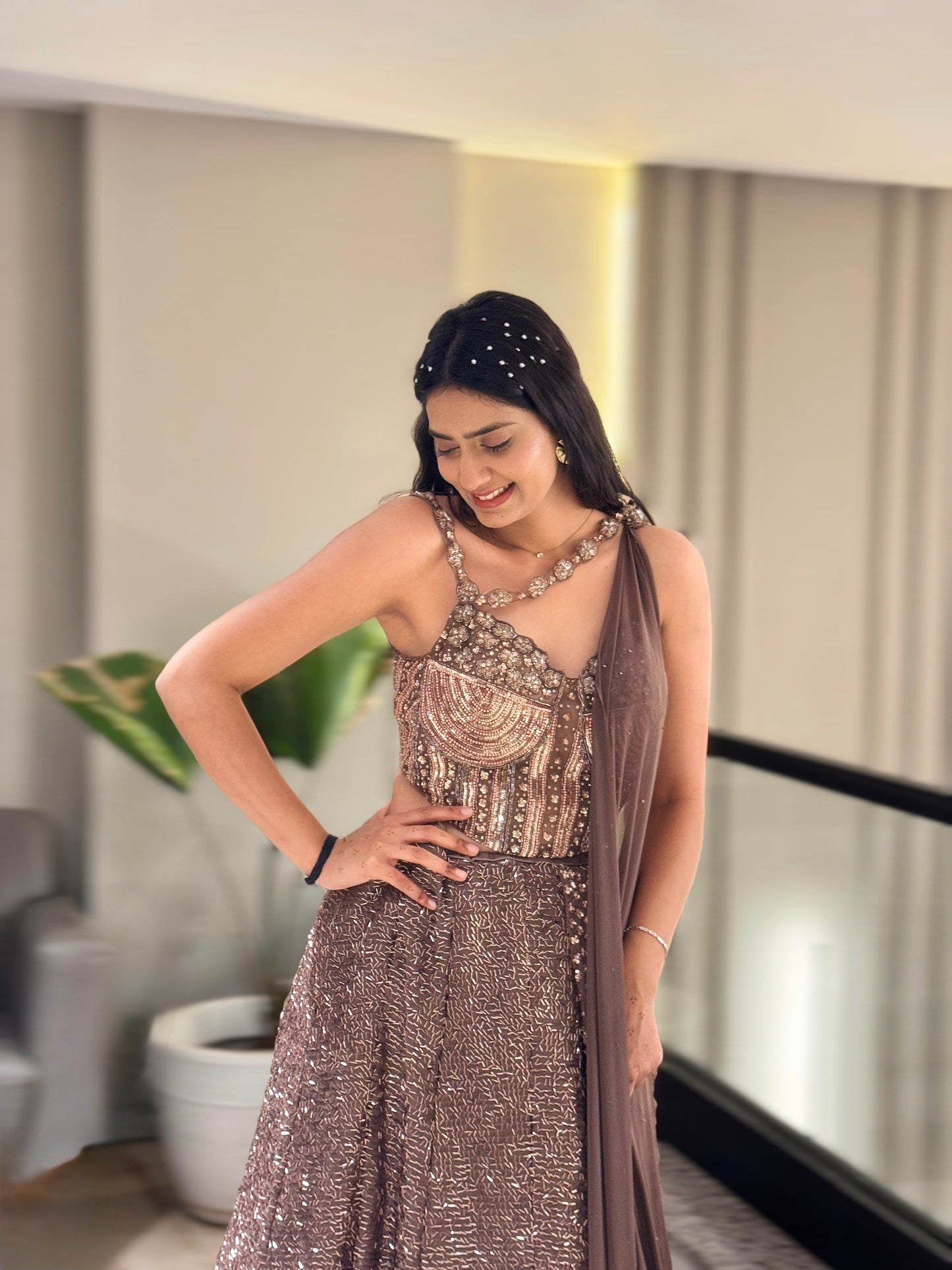 Mocha Glam Sequins Lehenga Set with Statement Blouse & Drape Dupatta