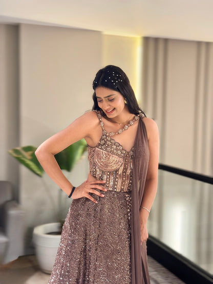 Mocha Glam Sequins Lehenga Set with Statement Blouse & Drape Dupatta