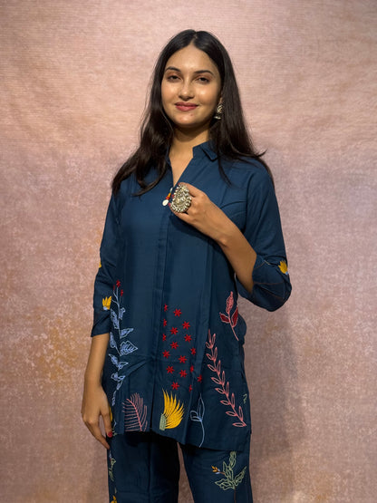 Floral Embroidered Navy Blue Cord Set