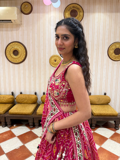 Pink Bandhani Print Lehenga Choli with Embroidered Blouse & Tassel Dupatta