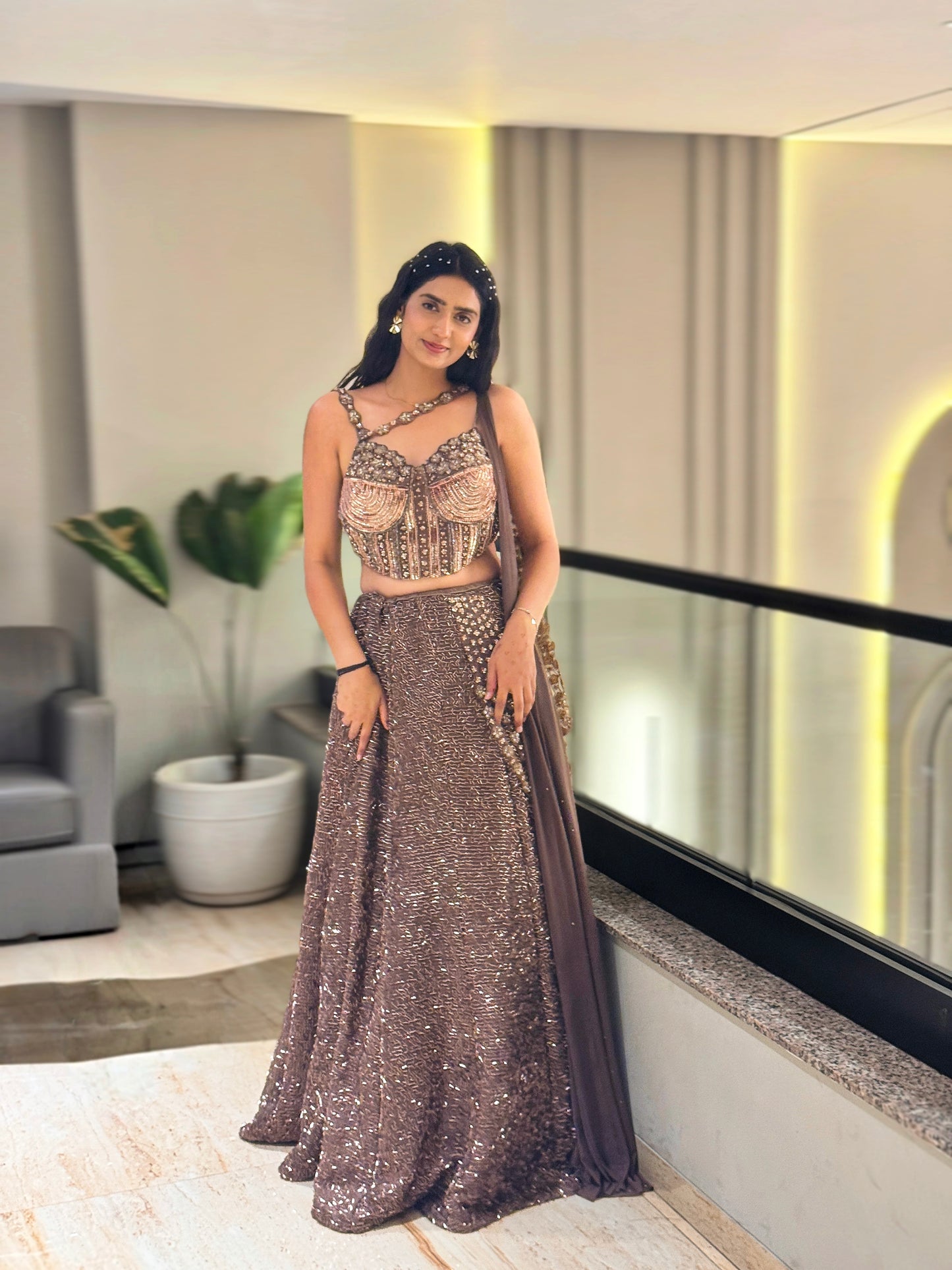 Mocha Glam Sequins Lehenga Set with Statement Blouse & Drape Dupatta