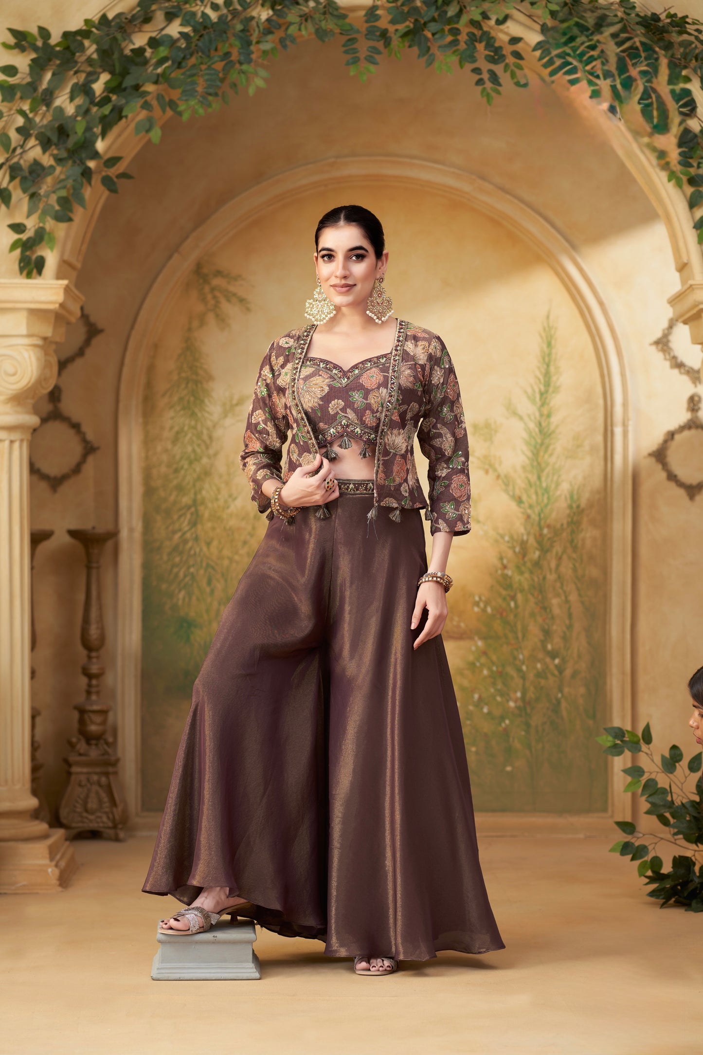 Floral Embroidered Jacket Style Sharara Set