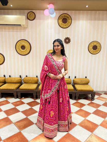 Pink Bandhani Print Lehenga Choli with Embroidered Blouse & Tassel Dupatta